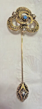 VTG Turquoise & Seed Pearl Stick Pin - 3 Ornate Open Loops & Center Swirl Design
